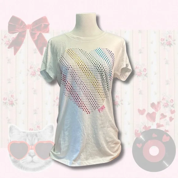 Victoria's Secret PINK white t-shirt with rainbow heart design in women’s Large - Picture 1 of 7